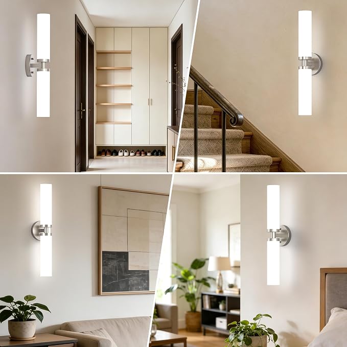 Wall Sconces Set of 2 Hardwired Bathroom Light Fixtures E26 Base | Brushed Nickel, 22Inch, Modern Vanity Wall Lighting with Milky White Glass Shade, for Mirror Hallway Bedroom Living Room