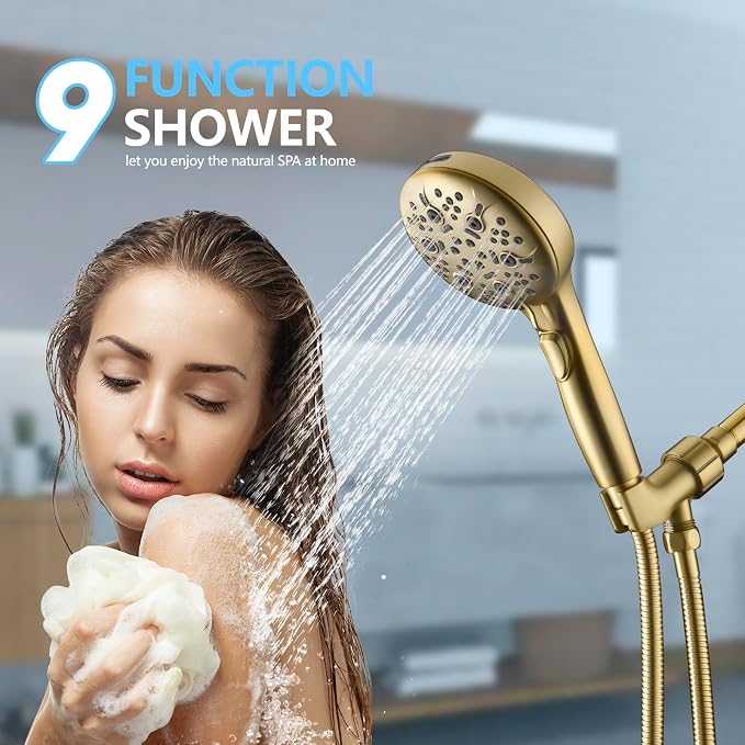 Shower Head with Handheld, 9-Setting High Pressure Shower head with handhelds, Built-in Handheld Power Spray, 79in Extra Long Stainless Steel Hose & Shower Head Holder (Golden)
