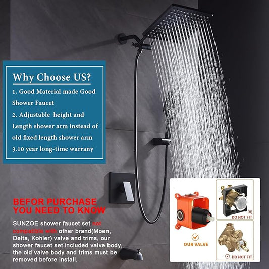 Shower Faucet Set with Tub Spout Matte Black 10 Inch Rainfall Shower with 4 Setting Spray Mixer Shower System Modern Luxury Wall Mounted Tub Shower Faucet Set Rough-in Valve Body (Matte Black)