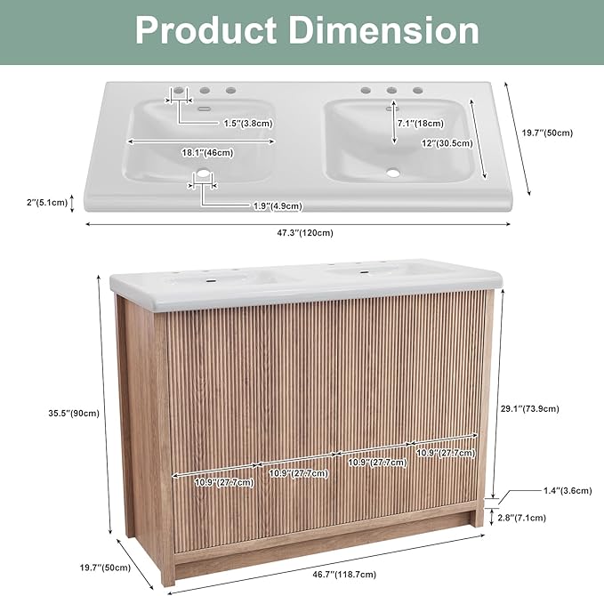 Bathroom Vanity with Double Sink 48 Inch, Modern Thickened Wood Bathroom Storage Cabinet, Freestanding Storage Bathroom Vanity with 4 Doors, Nature Wood