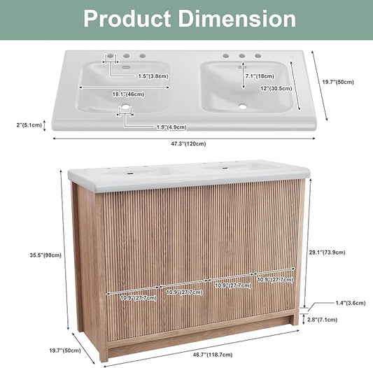 48 Inch Bathroom Vanity with Ceramic Sink, Bathroom Sink Cabinet with 4 Fluted Doors, Double Sink Bath vanities Combo, Light Oak (20" D x 48" W x 36" H)