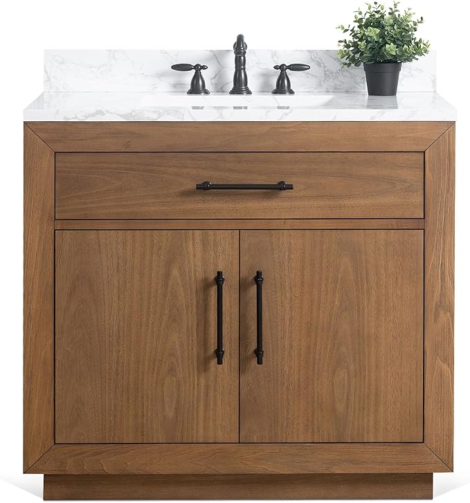 HOMEBEYOND 36" Bathroom Vanity with Single Sink & Ceramic Top, MDF Material Vanity Cabinet with Basin Combo, Soft-Closing Doors, Removable Shelf, Backsplash, Tan