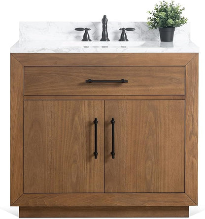 HOMEBEYOND 36" Bathroom Vanity with Single Sink & Ceramic Top, MDF Material Vanity Cabinet with Basin Combo, Soft-Closing Doors, Removable Shelf, Backsplash, Tan