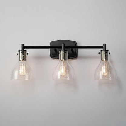 GLOBE Electric 63000062 5-Piece All-in-One Bathroom Set, Matte Black & Brass, 3-Light Vanity Light, Seeded Glass, Towel Bar, Toilet Paper Holder, Towel Ring, Robe Hook, Bathroom Lights Over Mirror