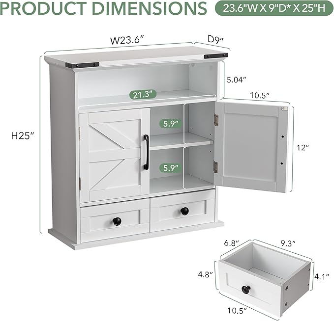 Bathroom Wall Cabinet, 23" x 25" Farmhouse Over The Toilet Storage with Motion LED Light & Safety Drawers, Wooden Medicine Cabinet, Water-Resistant White Organizer (9" Depth)