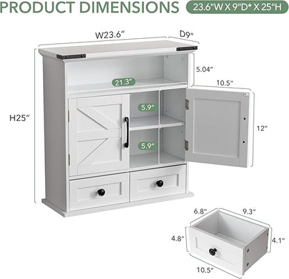Bathroom Wall Cabinet, 23" x 25" Farmhouse Over The Toilet Storage with Motion LED Light & Safety Drawers, Wooden Medicine Cabinet, Water-Resistant White Organizer (9" Depth)