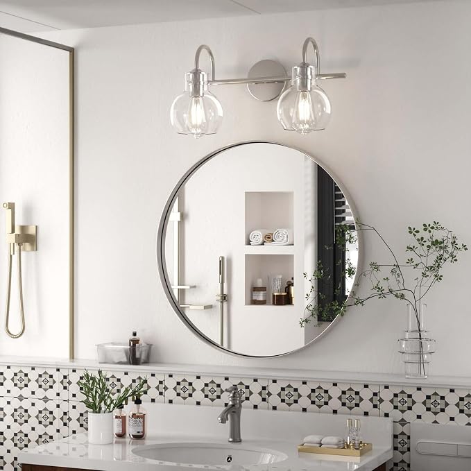 2 Lights Bathroom Vanity Light Fixtures Over Mirror Modern Nickle | Wall Sconce,Elegant Globe Glass Shade,E26 Base, UL Certified，Anti-Rust,Damp Rated,Brushed Nickel,Bathroom Bedroom Living Room