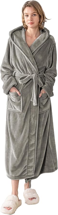 Robes for Women - Hooded Plush Fleece Bathrobe with Sash & Pockets, Full-Length Lightweight Spa Robe