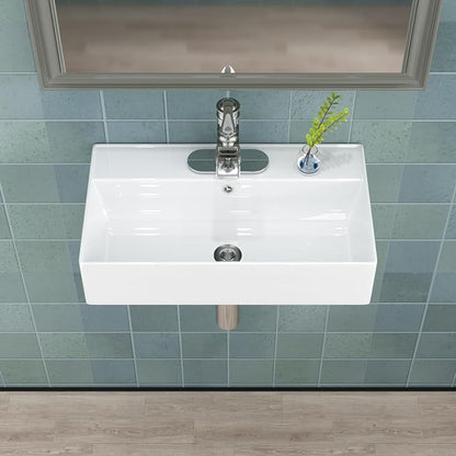 21"x12" White Ceramic Wall Mount Floating Bathroom Vessel Sink | Wall Mount Bathroom Sink Rectangle Vanity Vessel Bathroom Sink