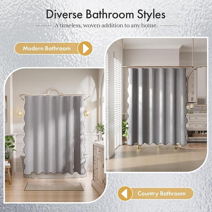Bathway Modern Scalloped Shower Curtain Linen Textured, Light Gray Shower Curtain Set with 12 Metal Hooks, Neutral Cute Elegant Shower Curtain with Black Border for Bathroom, 72x72 Inches