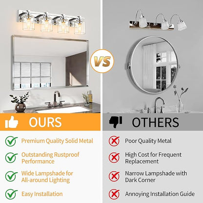 4 Light Modern Bathroom Light Fixtures Over Mirror, Chrome Vanity Lights for Bathroom Wall Sconces with Clear Glass Shades, E26 Socket (Bulbs Not Included)