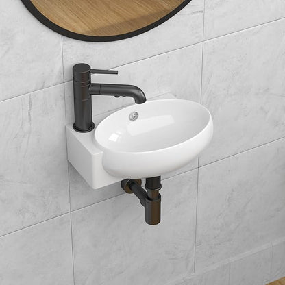 Wall Mount Hung Bathroom Sink 16"x11" Round Modern Vessel Sinks | Bathroom Corner Floating Sink White Porcelain Ceramic Wall Hung Bathroom Vessel Sink for Rvs, Restroom, Toilet