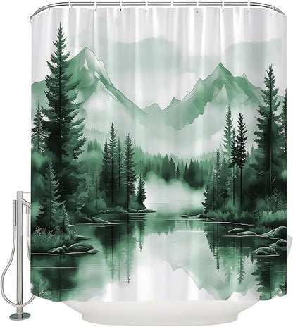 Deep Green Misty Forest Shower Curtain Mountain Foggy Pine Trees Landscape Watercolor Jungle Plant Rustic Nature Scenery Lake Fabric Bathroom Curtain Set with Hook