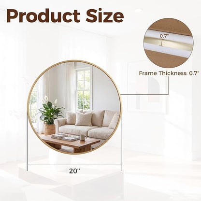 Sweetcrispy 20 Inch Round Wall Mirror, Bathroom Mirrors for Over Sink | Matte Metal Framed, Wall Decor for Bedroom, Entryway, Anti-Rust, Tempered Glass, Hanging or Leaning, Gold