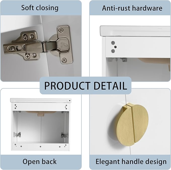 24 Inch Floating Vanity, 24" Bathroom Vanity with Sink, Single Sink Wall Mounted Vanity Combo, Modern Wall Mounted Cabinet Set with Ceramic Sink,White
