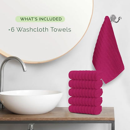 Elegant Comfort 100% Turkish Cotton Corduroy Ribbed Luxury Washcloths 6 Pack Soft 13 x 13 Inch - Higly Absorbent, Durable, Quick Dry, Spa Premium Hotel Quality for Bathroom or Travel, Hot Pink