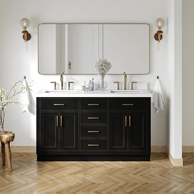 ARIEL Hepburn 60-inch Bathroom Vanity with Sink,Solid Wood, 1.5-inch Pure White Quartz Countertop & Backsplash, Double Rectangular Porcelain Sink, 4 Soft Closing Doors, 6 Dovetail Drawers, Black
