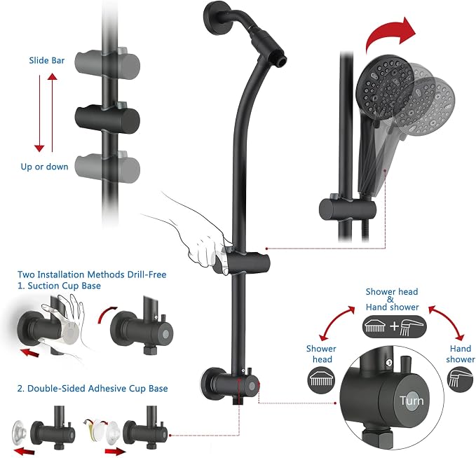 Modern Rainfall Shower Head with Handheld Shower Spray, 26-Inch Adjustable Height Slide Bar, High Pressure Dual Shower Head Combo, 3-Way Diverter for Easy Reach, 5-Foot Hose - Matte Black