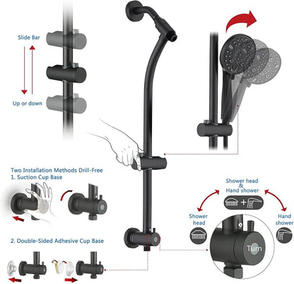 Modern Rainfall Shower Head with Handheld Shower Spray, 26-Inch Adjustable Height Slide Bar, High Pressure Dual Shower Head Combo, 3-Way Diverter for Easy Reach, 5-Foot Hose - Matte Black
