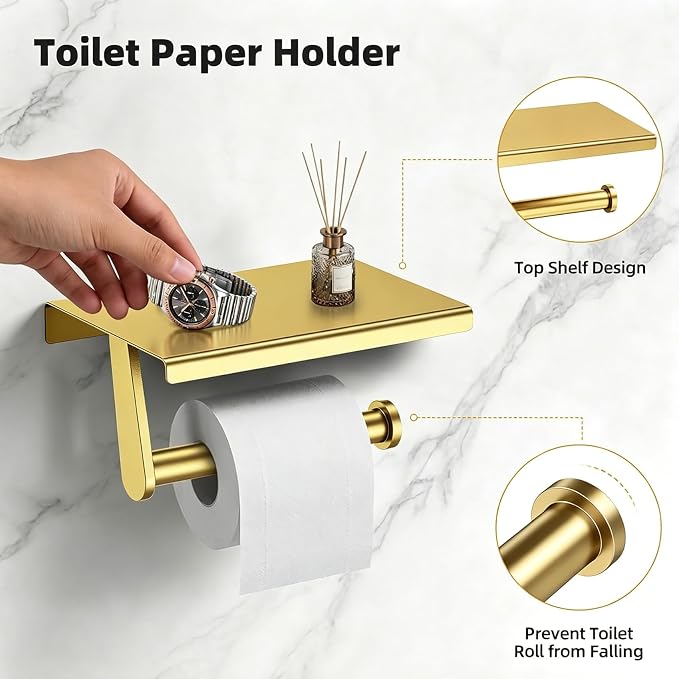 Gold 5-Piece Bathroom Hardware Set, 23.6 Inch Towel Bar Set SUS304 Stainless Steel Towel Racks for Bathroom Round Towel Bar, Towel Ring, Toilet Paper Holder, 2 Robe Hooks, Wall Mounted