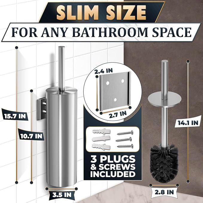 Silver Toilet Brush and Holder Set, Stainless Steel (Wall Mounted) | Bathroom Trash Can and Toilet Brush Set, Splash Protection & Dense Bristles for Bathroom Cleaning, Fits Most Standard Toilets