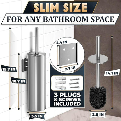 Silver Toilet Brush and Holder Set, Stainless Steel (Wall Mounted) | Bathroom Trash Can and Toilet Brush Set, Splash Protection & Dense Bristles for Bathroom Cleaning, Fits Most Standard Toilets