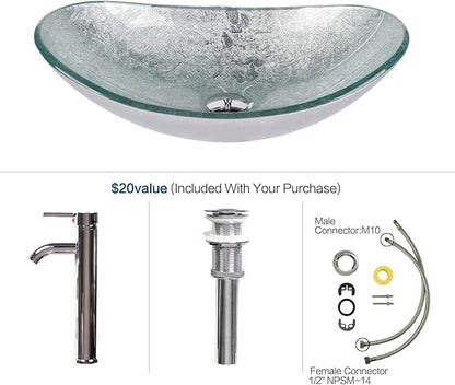 YOURLITE 24" Floating Bathroom Vanity with Sink, Wall-Mounted Bathroom Vanity and Sink Combo with Mirror and Faucet & Pop Up Drain Set Sliver Glass Boat Bathroom Sink