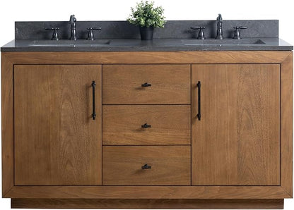 Vanity Art 60 inch Double Sink Bathroom Vanity, Solid Poplar Wood, Vanity Cabinet with Doors and Shelf, Modern Wood Bathroom Vanity with Black Marble Top, 3 Functioning Drawers, VA70-60-DT-B