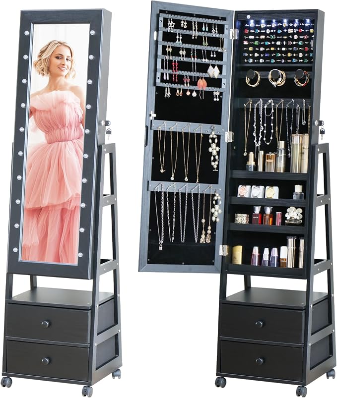 Jewelry Armoire Cabinet Organizer Standing with 20 LED Lights Lockable | Full Length Mirror with Storage Shelves and 2 Drawers (Black) Adjustable Tilt Angles Gift for Her