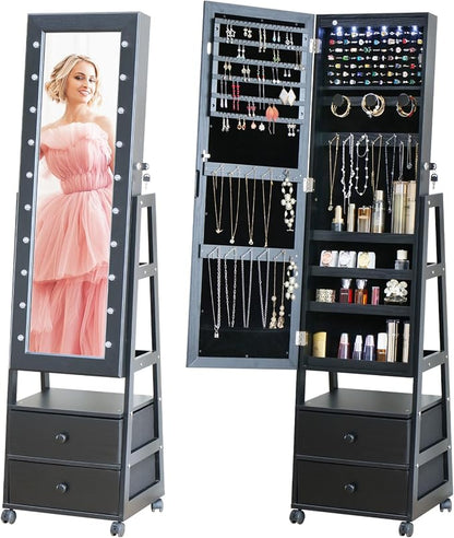 Jewelry Armoire Cabinet Organizer Standing with 20 LED Lights Lockable | Full Length Mirror with Storage Shelves and 2 Drawers (Black) Adjustable Tilt Angles Gift for Her