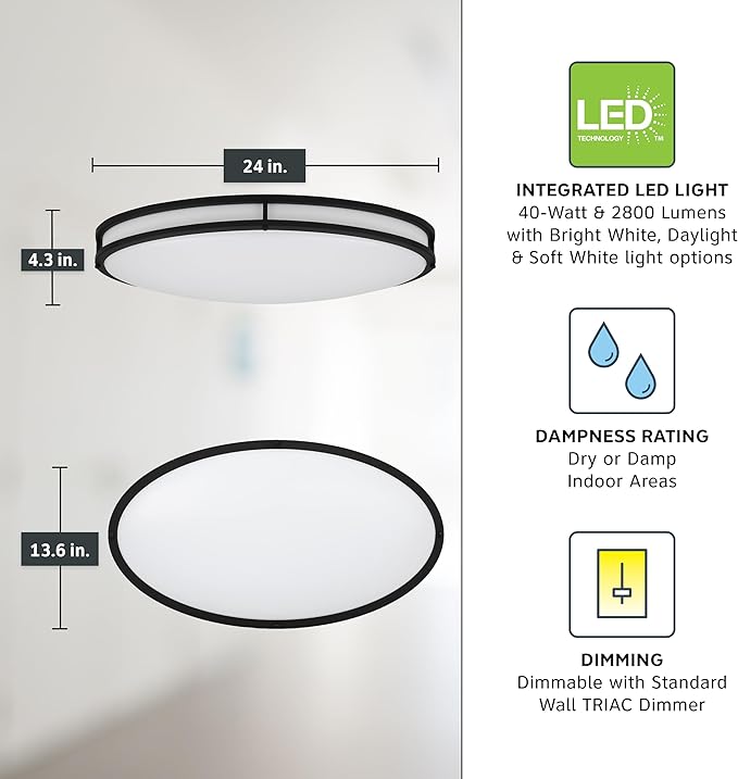 Designers Fountain Flush Mount Ceiling Light, 24 Inch Oval LED Lighting Fixture for Kitchen, Bedroom, Bathroom, and Hallway, Dimmable, 2800 Lumens, 3000K/4000K/5000K, Matte Black, EV1424C3C-43