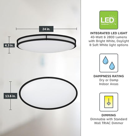 Designers Fountain Flush Mount Ceiling Light, 24 Inch Oval LED Lighting Fixture for Kitchen, Bedroom, Bathroom, and Hallway, Dimmable, 2800 Lumens, 3000K/4000K/5000K, Matte Black, EV1424C3C-43