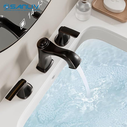 Oil Rubbed Bronze Bathroom Faucet 3-Hole, Sanliv Widespread Bathroom Sink Faucet with Pop-Up Drain, 2-Handle Bronze Vanity Faucet for 4-16 Inch Wide Spread Sinks, ORB
