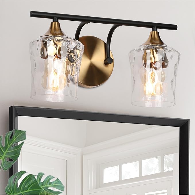 KSANA Bathroom Vanity Lights, 2-Light Black and Electroplated Brass Vanity Light Over Mirror Mid-Century Modern Bathroom Light Fixtures with Textured Glass, 14" L x 6.7" W x 7.3" H