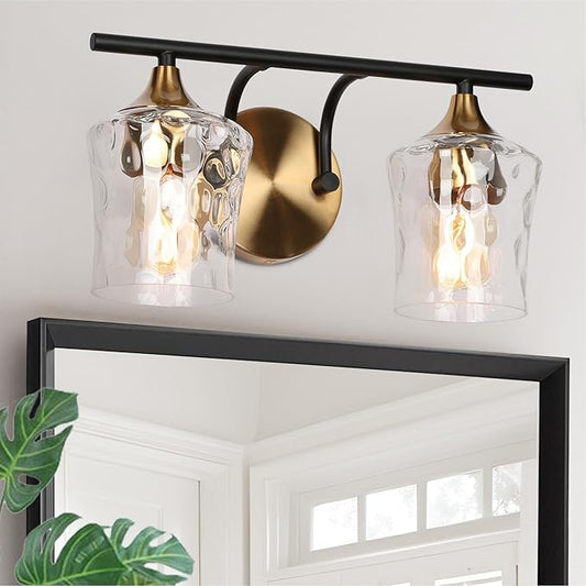 KSANA Bathroom Vanity Lights, 2-Light Black and Electroplated Brass Vanity Light Over Mirror Mid-Century Modern Bathroom Light Fixtures with Textured Glass, 14" L x 6.7" W x 7.3" H