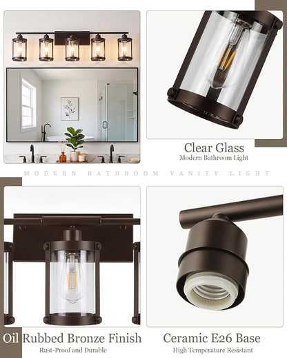 5-Light Oil Rubbed Bronze Bathroom Light Fixtures Over Mirror with Clear Glass and Metal Cage Shade, 38" UL-Listed Modern Farmhouse Wall Sconce for Bath, Hardwire E26, OS-3014ORB-5W