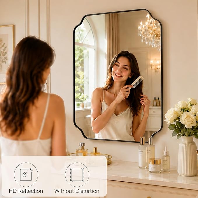 36"x24" Black Wall Bathroom Mirror, Scalloped Edge Vanity Mirror | Hangs Vertically/Horizontally, Wooden Frame Decorative Mirror, For Vanity, Bedroom & Entryway, Aesthetic Bathroom Decor