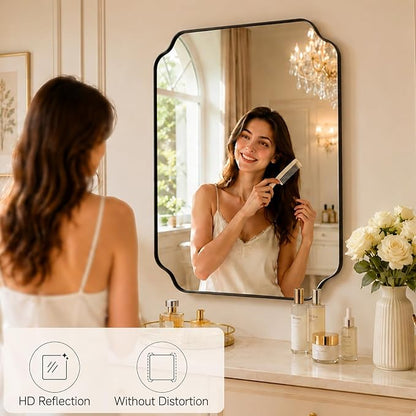 36"x24" Black Wall Bathroom Mirror, Scalloped Edge Vanity Mirror | Hangs Vertically/Horizontally, Wooden Frame Decorative Mirror, For Vanity, Bedroom & Entryway, Aesthetic Bathroom Decor