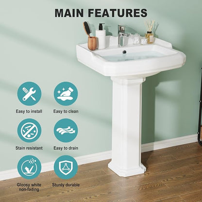 23" W X 19" D Bathroom Pedestal Sink, Vintage White Ceramic Vanity Sink with Overflow and Single Hole Faucet Pre-Drilled,Freestanding Restroom Sink Combo for Small Spaces