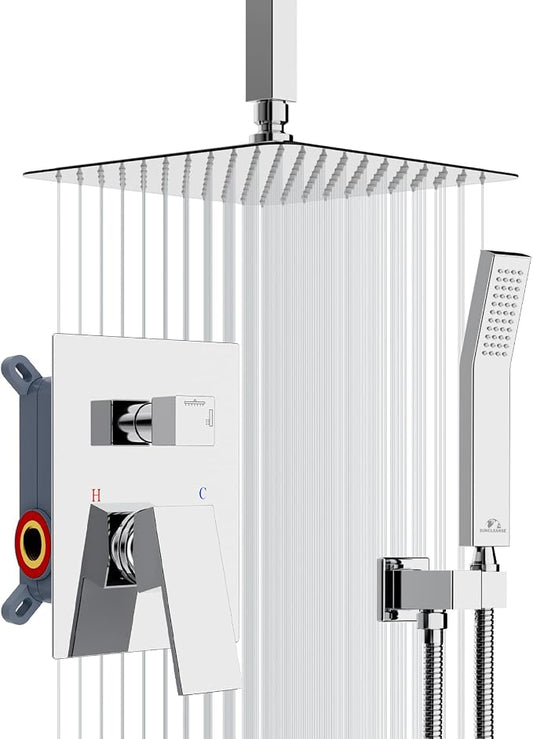 SunCleanse Rainfall Shower Faucet Set with High Pressure in Polished Chrome | Ceiling mounted shower combo set featuring a 10" square rain head, handheld spray, and rough-in mixer valve with trim.