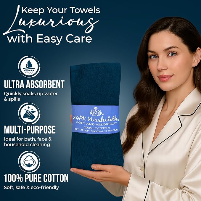 DAN RIVER 24 Pack Cotton Wash Cloths Set for Showering [12x12] Blue Opal | Lighter Weight, Quick to Dry, Super Soft & Absorbent Face Towels, Hotel Quality, Perfect for Bathroom, Gym, Spa