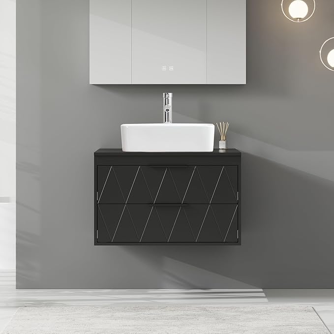 eclife 30" Floating Bathroom Vanities with Sink Combo, Wall Mounted Modern Cabinet W/Diamond Line Pattern Design, White Rectangle Ceramic Vessel Sink W/Water Save Faucet & Pop Up Drain, Black