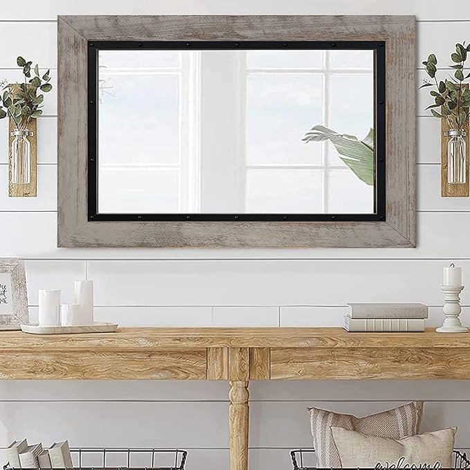 YOSHOOT Rustic Wooden Framed Wall Mirror, Natural Wood and Iron Bathroom Vanity Mirror for Farmhouse Decor, Vertical or Horizontal Hanging, 60" x 36", Grey