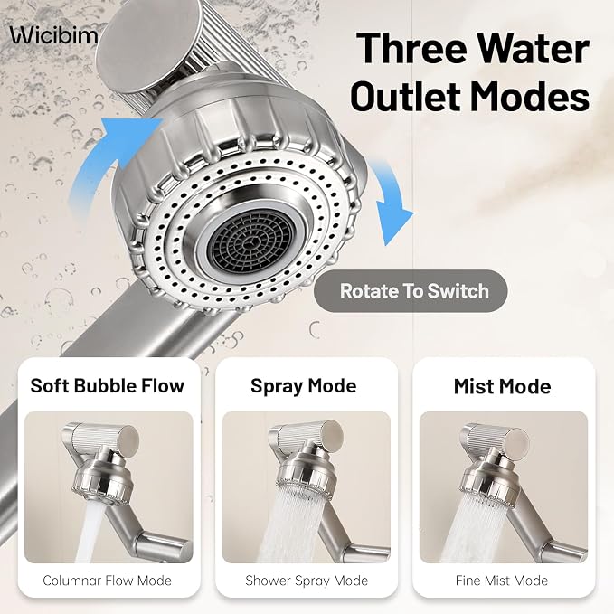 Wicibim Brushed Nickel Bathroom Sink Faucet, Stainless Steel Single Handle with 1080° Rotation, 2 Water Outlet Modes, Hot and Cold Hoses,Swivel Faucet