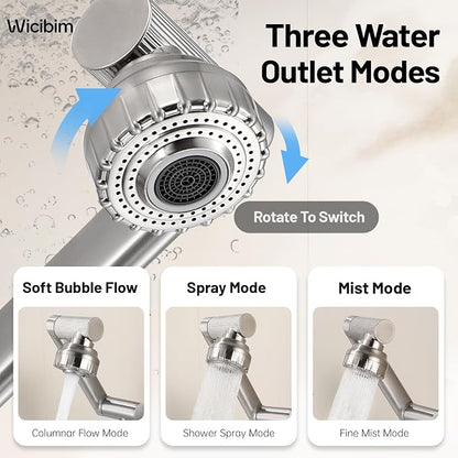 Wicibim Brushed Nickel Bathroom Sink Faucet, Stainless Steel Single Handle with 1080° Rotation, 2 Water Outlet Modes, Hot and Cold Hoses,Swivel Faucet