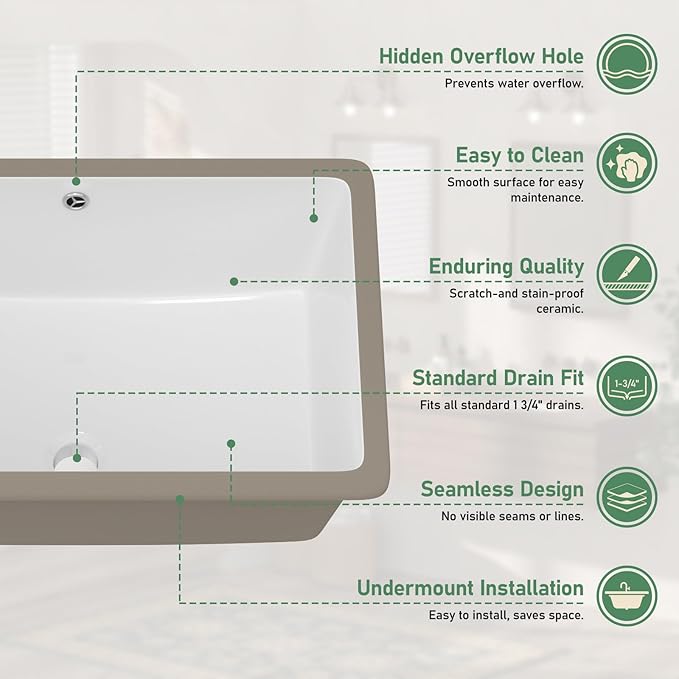 Undermout Bathroom Sink 21" x 13" Bathroom Vanity Sinks Undermount Rectangle White Ceramic Vanity Vessel Sinks with Overflow