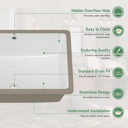 Undermout Bathroom Sink 21" x 13" Bathroom Vanity Sinks Undermount Rectangle White Ceramic Vanity Vessel Sinks with Overflow