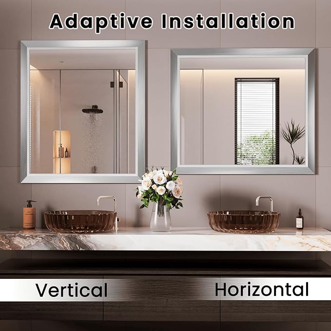 Bathroom Mirror for Wall, 40x38 Inch (Brushed Silver) | HD Reflection, Tempered Glass, Thick Metal Framed Rectangle Mirrors for Over Sink, Bedroom, Living Room, Entryway, Anti-Rust.