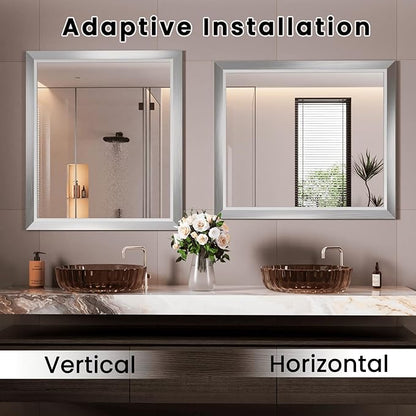 Bathroom Mirror for Wall, 40x38 Inch (Brushed Silver) | HD Reflection, Tempered Glass, Thick Metal Framed Rectangle Mirrors for Over Sink, Bedroom, Living Room, Entryway, Anti-Rust.