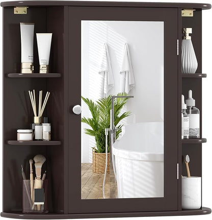 GIANTEX Bathroom Medicine Cabinet (Brown) | Wall Mounted Medicine Cabinet with Mirrored Door & 4 Interior Shelves, 6 Open Shelves, Space-saving Storage Cabinet